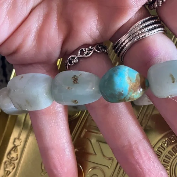 Natural Gemstone Larimar & Turquoise Nugget Stretch Bracelet - Picture 3 of 4